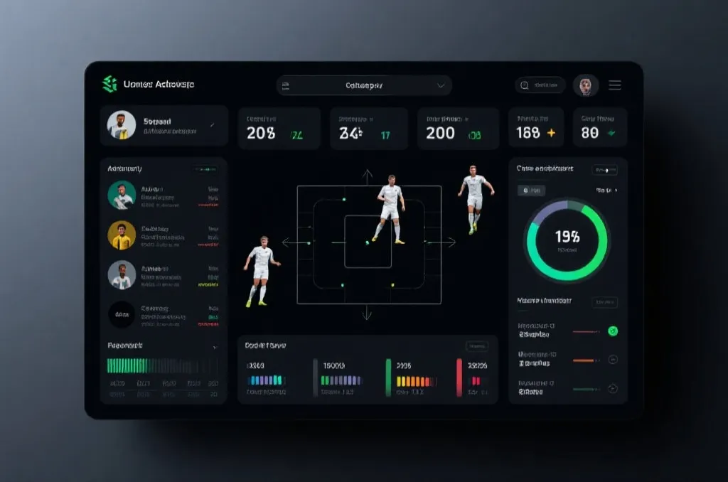 Sports analytical team studying pre-match lineups and historic head-to-head statistics on an interactive tablet
