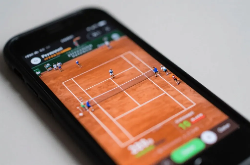 Close-up of a smartphone screen displaying a live tennis match with real-time sports statistics overlay